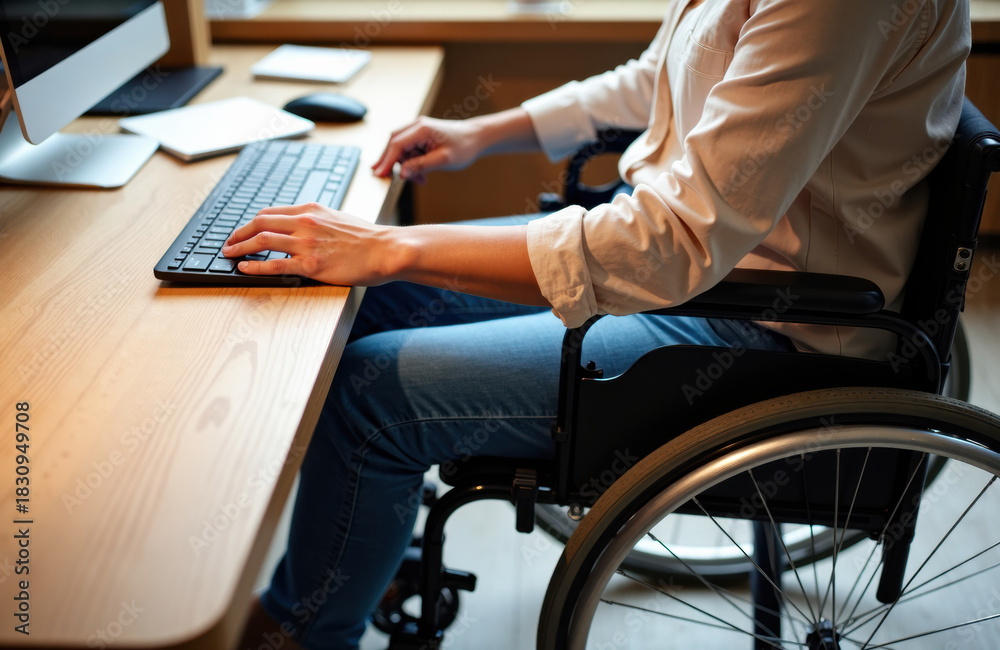 Fototapeta premium Woman in wheelchair typing on keyboard at office desk with focused posture