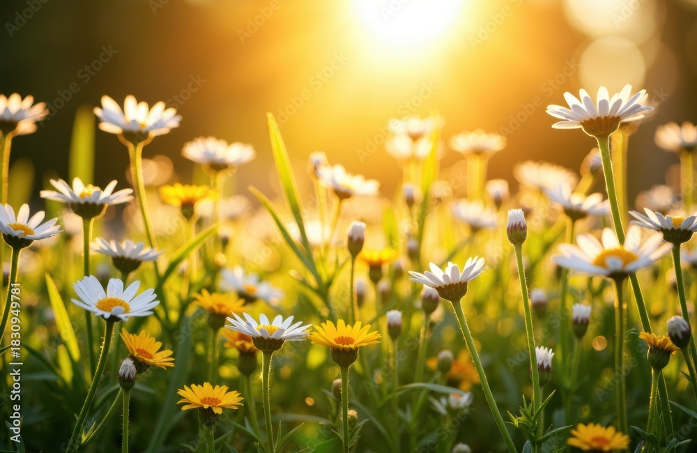 Obraz premium Wildflowers and daisies glowing in warm backlight at golden hour meadow