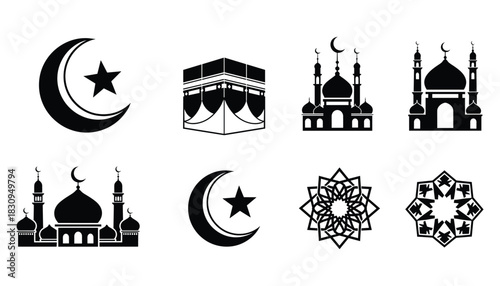 Islamic symbols collection vector illustration with mosques crescent moons stars