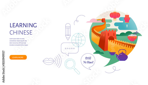 Chinese Language learning, concept design. Travel, tourism illustration of China. Speech bubble with image of China inside