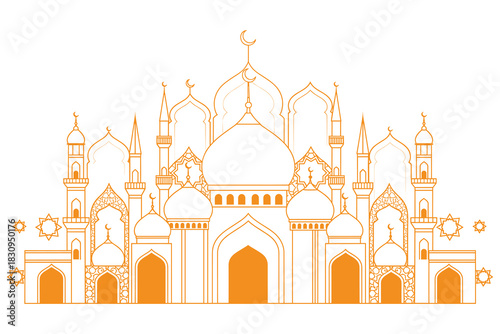 Detailed outline of grand mosque vector illustration with minarets domes patterns