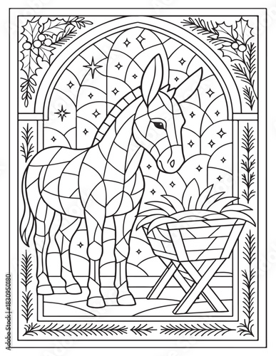 Stained glass style Donkey and manger nativity scene coloring page black and white outline style