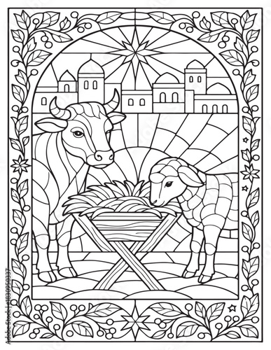 Christmas nativity coloring page with animals, star, and bethlehem scene