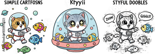 Cute astronaut cats in space with colorful fish, adorable cartoon animal characters, playful cosmic underwater scene illustration artwork
