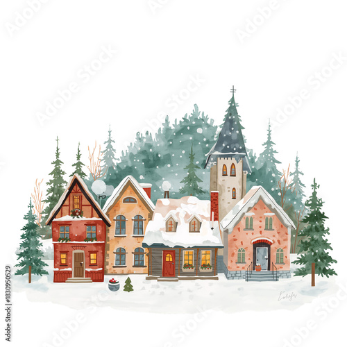 Winter Village Scene With Snow-Covered Houses and Evergreen Trees in a Peacef...