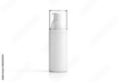 A white opaque airless pump bottle with a clear plastic cap
