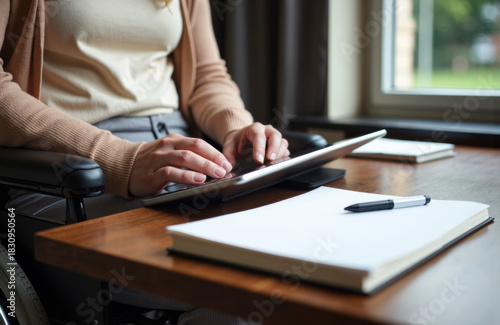 Woman using tablet in wheelchair at wooden desk with notebook and pen nearby