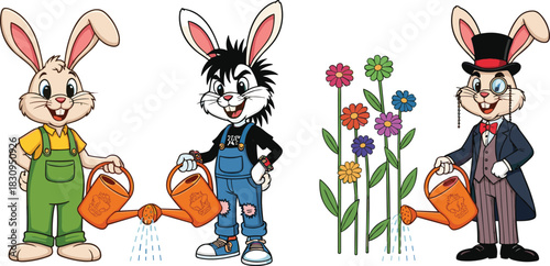Cute bunny characters watering flowers illustration set featuring gardener punk and gentleman rabbits in colorful cartoon style