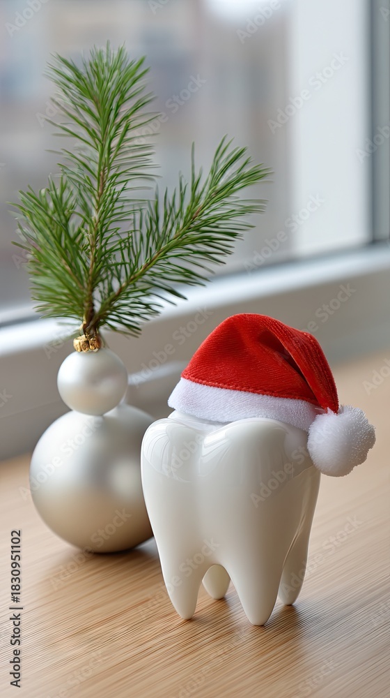 Fototapeta premium Christmas themed decoration featuring a tooth wearing a Santa hat next to a silver ornament and a small pine branch on a windowsill