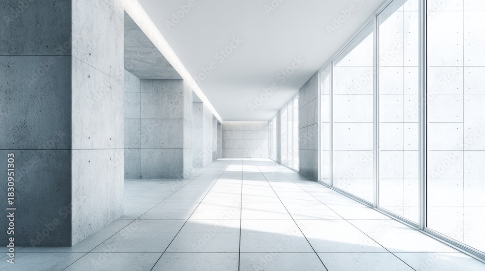 Fototapeta premium Bright Modern Hallway with Concrete Walls and Tile Flooring, Illuminated by Natural Light from Large Windows