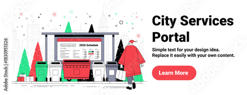 Santa city services portal Christmas New Year 2026 urban scene Santa at recycling bins festive trees skyline gifts website banner