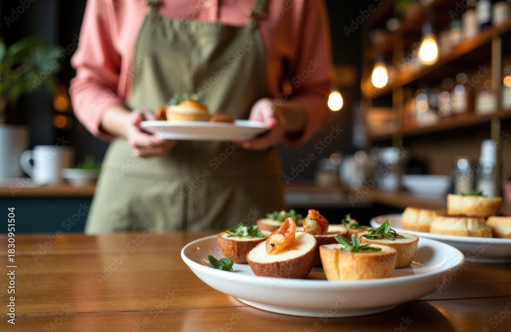 Naklejka premium Woman serving appetizers on plates in a cozy café setting with warm lights