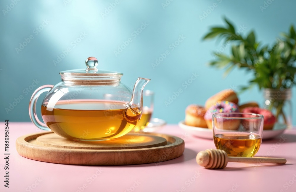 Fototapeta premium Glass teapot with honey dipper and cup on pastel table with pastries and plant