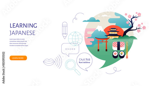 Japanese Language learning, concept design. Travel, tourism illustration of Japan. Speech bubble with image of Tokio inside