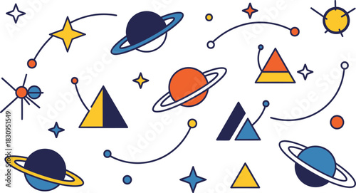 Abstract geometric composition featuring vibrant red green blue and yellow shapes with clean lines and a modern aesthetic perfect for graphic design projects