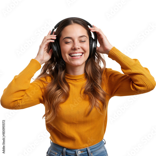 Woman Enjoys Music While Wearing Headphones and Smiling With Joy