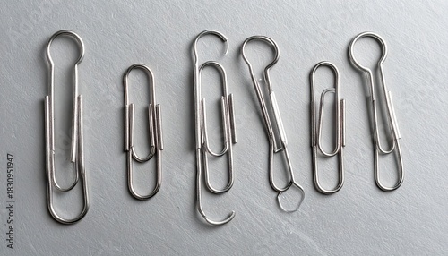 Six Metal Paper Clips Arranged in a Row on a Gray Textured Surface Displaying Various Shapes and Sizes in a Top Down View Shot with Soft Studio Lighting