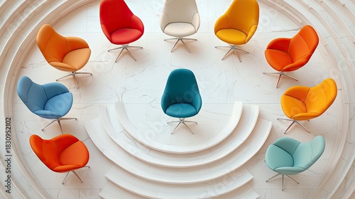 A top-down view of colorful chairs arranged in a circle on a white, textured background. The chairs are different colors and have a modern design.