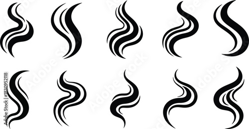 Ten stylized black smoke or steam designs arranged in two rows on a white background vector image