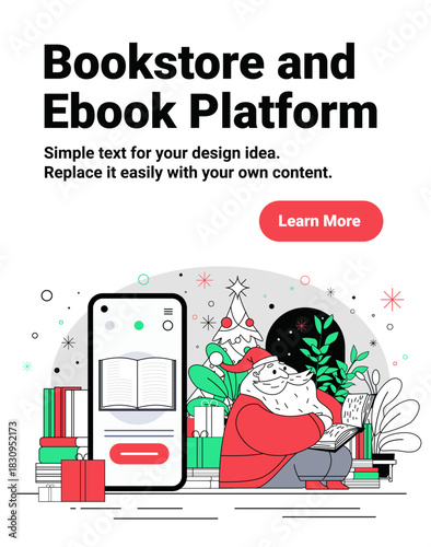 Santa reading book Christmas bookstore New Year 2026 festive digital library gifts smartphone Christmas tree plants modern website banner