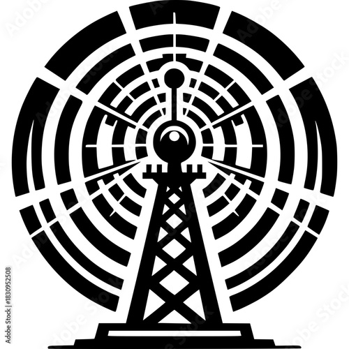 Symbol of Communication: A stylized, black and white image depicts a communication tower with radiating signal waves.