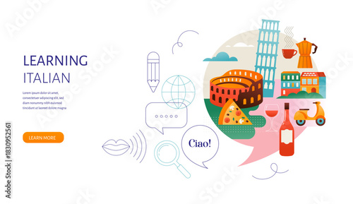 Italian Language learning, concept design. Travel, tourism illustration of Italy. Speech bubble with image of Rome inside