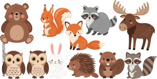 Mega Vector Set of Cute Cartoon Woodland Animals, Featuring a Bear, Squirrel, Fox, Raccoon, Moose, Owl, Rabbit, Hedgehog, and Beaver, Ideal for Children's Design and Nursery Decor