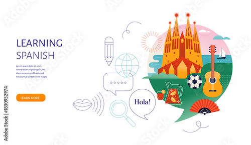 Spanish Language learning, concept design. Travel, tourism illustration of Spain. Speech bubble with image of Barcelona and Madrid inside