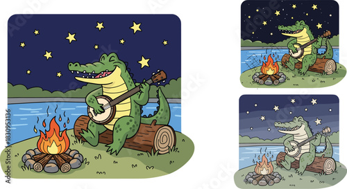 Cute crocodile playing banjo near campfire at night, adorable cartoon camping scene, musical alligator illustration under stars