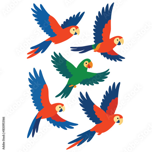 Five vibrant cartoon-style parrots in mid-flight, featuring dynamic poses and bold tropical colors.