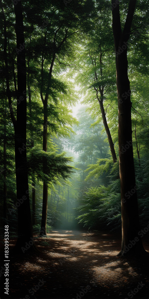 Fototapeta premium A serene forest scene with sunlight filtering through tall trees, creating a path of light.
