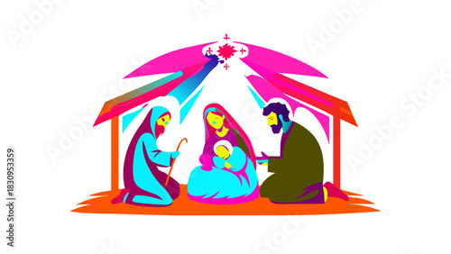 A peaceful nativity scene with Mary, Joseph, and baby Jesus surrounded by soft glowing light in a stable