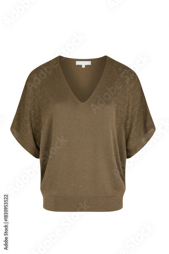 Stylish v neck short sleeve olive green top with elasticated hem and textured fabric
