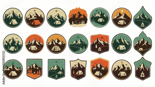 Camping adventure badges featuring mountains tents and trees in various shapes and colors.