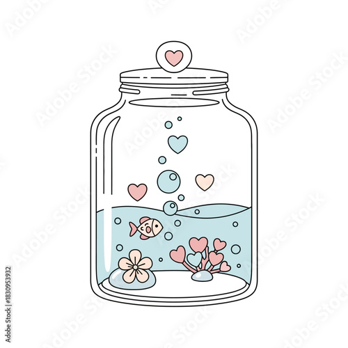 Whimsical underwater scene within a jar, filled with hearts and aquatic charm delightful creation