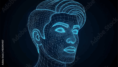 Digital wireframe head of a person, representing artificial intelligence and technology.