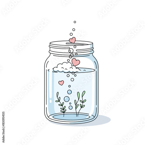 Whimsical Illustration: Heartfelt Cloud in a Jar of Water with Aquatic Plants