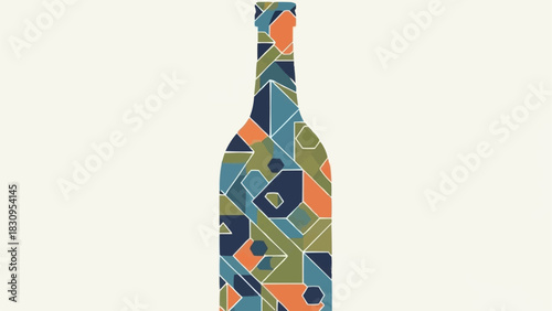 Abstract Geometric Patterned Wine Bottle Silhouette.