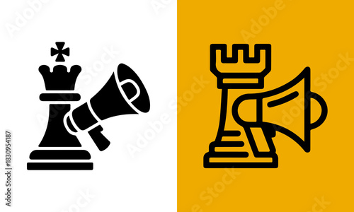 Strategic marketing and communication concept with chess pieces and megaphone icons