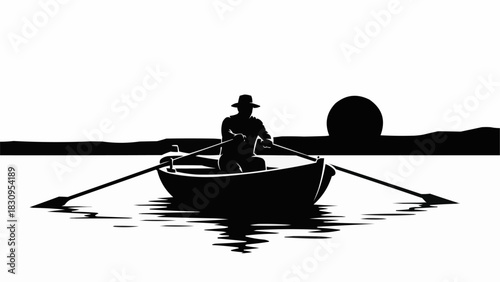 Silhouette of a person rowing a small boat on calm water.