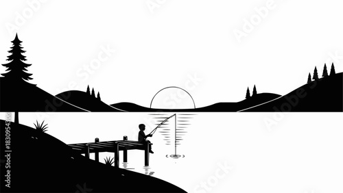Silhouette of a person fishing from a wooden pier.
