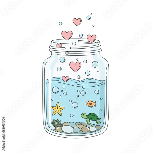 Whimsical aquatic heart jar with sea life and floating affection within a container