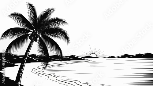 Majestic Palm Tree Silhouette on a Serene Tropical Beach at Sunset.