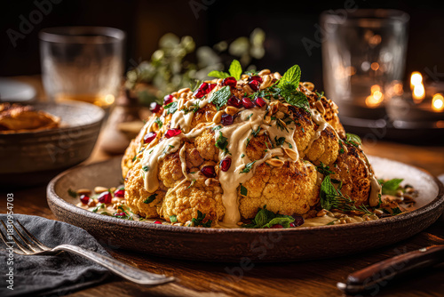 Whole Roasted Golden Cauliflower Served With Dripping Tahini Sauce Pomegranate Seeds And Fresh Herbs Whole Roasted Cauliflower Tahini Sauce