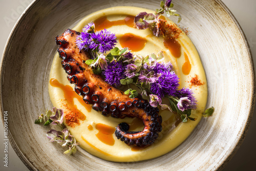 Top View Of Grilled Octopus Tentacle Served On Creamy Puree With Purple Edible Flowers Garnish Grilled Octopus Gourmet Fine Dining