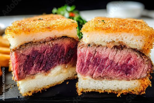 Close Up Of Premium Japanese Wagyu Beef Katsu Sando Sandwich With Crispy Panko Bread Premium Wagyu Beef Katsu Sando