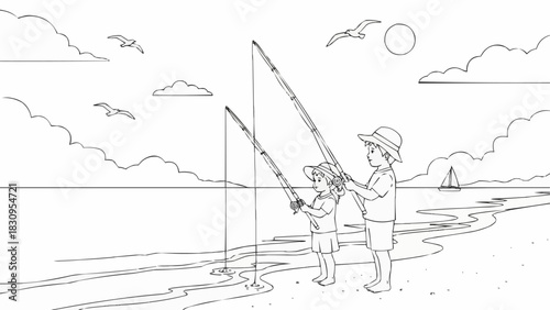 Children Fishing on the Beach - A Day of Coastal Fun.
