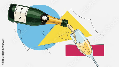 Champagne Bottle Pouring into a Flute Glass Celebration.