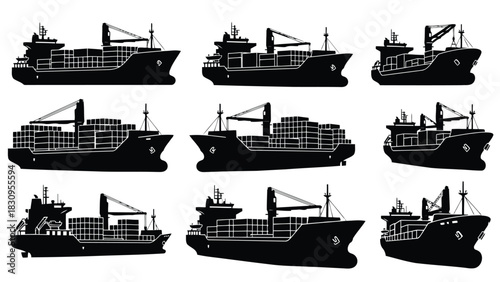 Flat vector illustration of black silhouette cargo ships, loaded with shipping containers, depicting global logistics,, isolated on white background