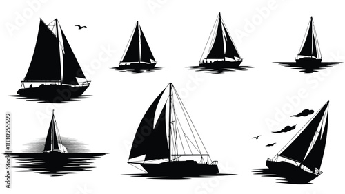 Multiple elegant sailboats and sailing yachts in various dynamic poses on the open water, creating a serene maritime, isolated on white background
